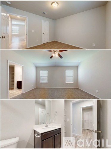A series of images showing an empty room with a bathroom and a kitchen area.
