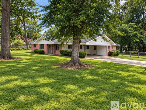 A tree stands in the front yard of a house.