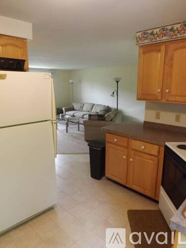 A kitchen with a white refrigerator and wooden cabinets.