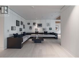A modern living room with a white wall and a black couch.