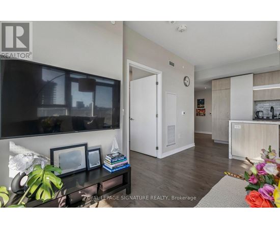 A living room with a flat screen TV and a white door.