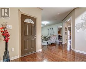 A living room with a brown door and a vase of red flowers on a table.