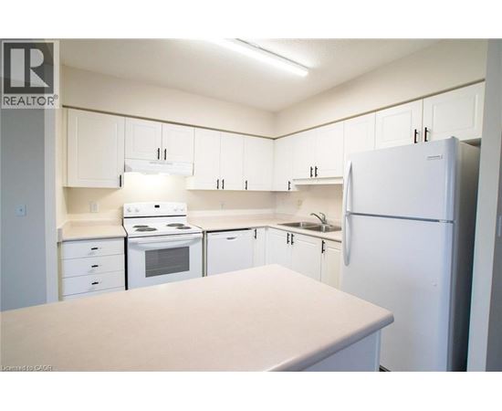 A kitchen with white appliances and cabinets.