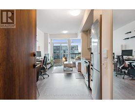 A modern office space with a view of the city.