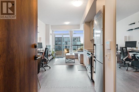 A modern office space with a view of the city.
