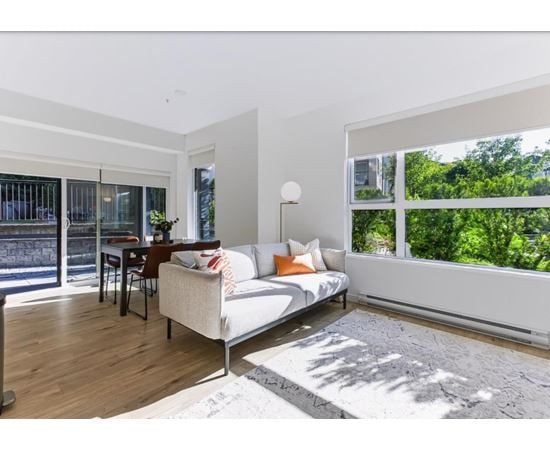 A living room with a white couch and a grey rug.