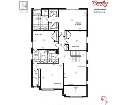 A black and white floor plan of a house with four bedrooms and a media loft.