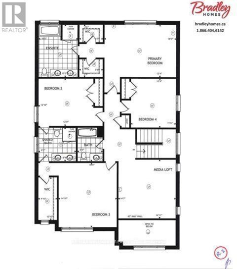 A black and white floor plan of a house with four bedrooms and a media loft.