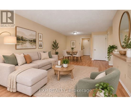 A well-lit living room with a couch, chair, and coffee table.