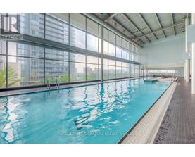 A large indoor swimming pool with a glass wall on one side.