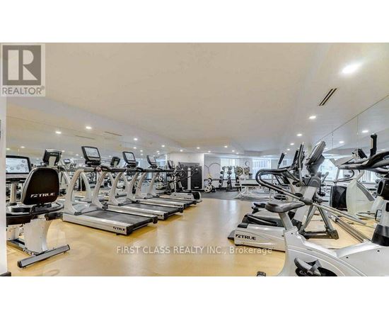 A gym with treadmills and exercise bikes.