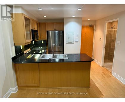 A kitchen with wooden cabinets and a black countertop.