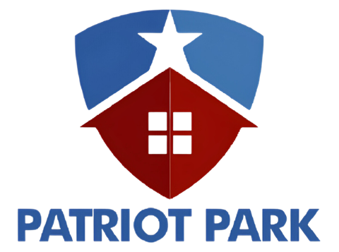 A logo with a shield and a flag on top and the words "Patriot Park" below it.