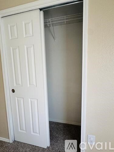 A white door is open to a small, empty closet.