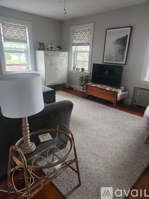 A living room with a black couch and a white lamp.