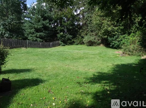 A backyard with a fence and trees.
