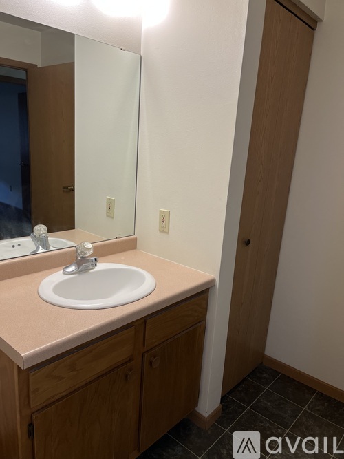 A bathroom with a sink and mirror.