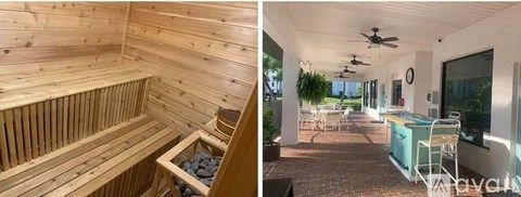 A wooden sauna and a patio with a hot tub.