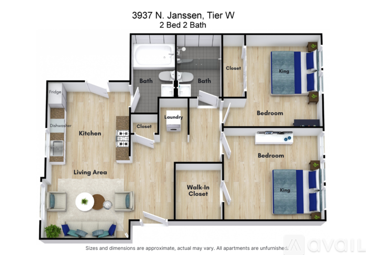 A floor plan of a 2 bedroom, 2 bath apartment located at 3937 N. Janssen, Tier W.