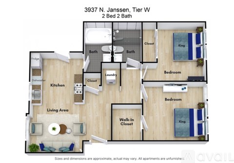 A floor plan of a 2 bedroom, 2 bath apartment located at 3937 N. Janssen, Tier W.