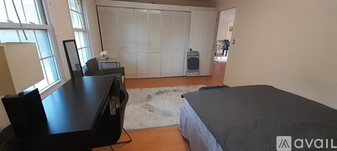 A bedroom with a bed, a television, and a rug.