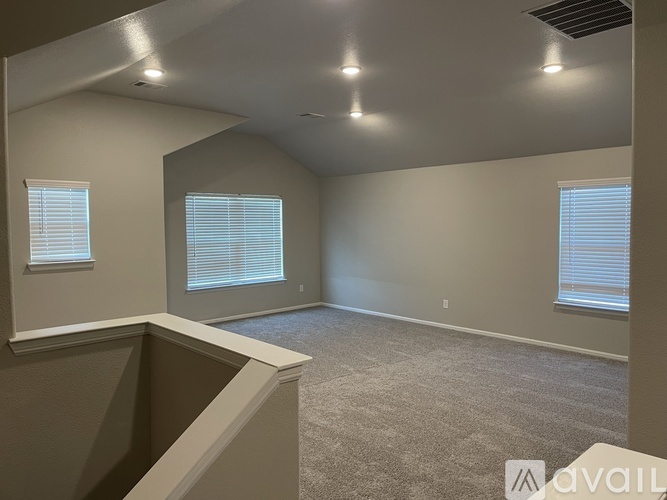 A spacious room with carpeted floor and two windows.