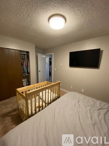 A baby crib sits in a bedroom with a television mounted on the wall.