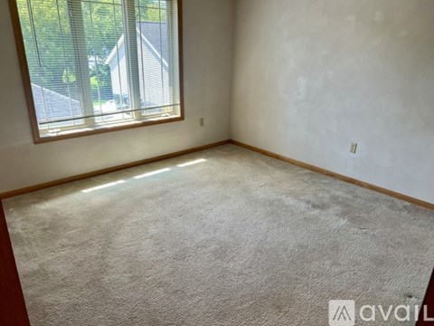 A room with a carpeted floor and a window letting in sunlight.