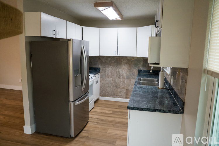 A kitchen with a refrigerator and a washing machine.
