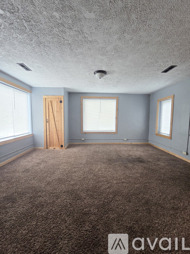 A room with a carpeted floor and a door in the middle.