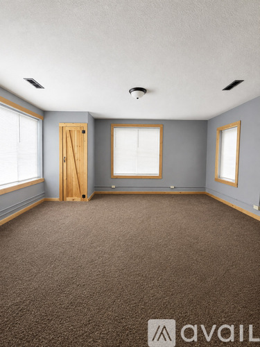 A room with carpeted floor and two windows.