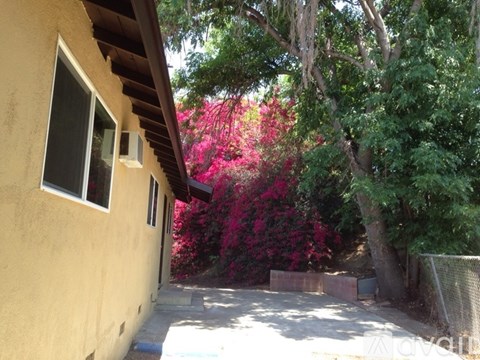 A house with a wall covered in pink flowers.