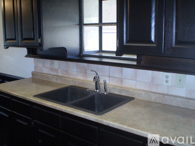 A kitchen with a sink and black cabinets.