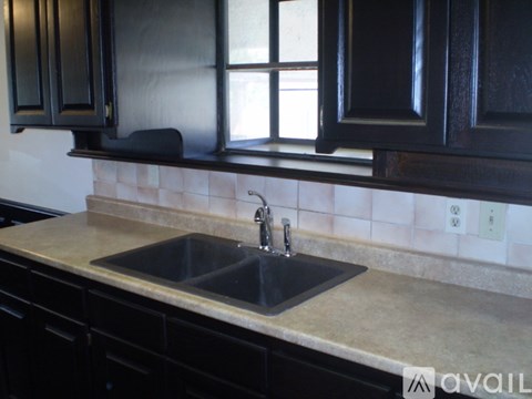 A kitchen with a sink and black cabinets.
