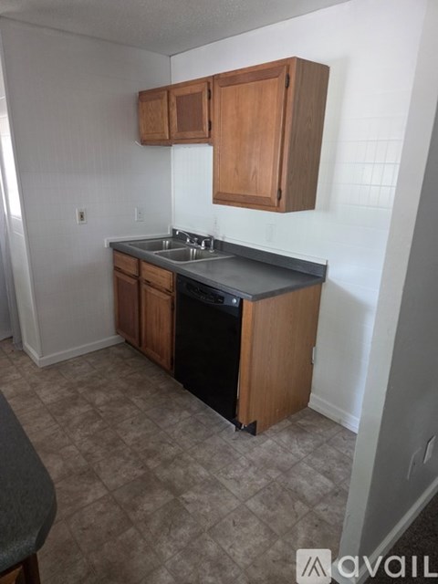 A kitchen with wooden cabinets and a black dishwasher.