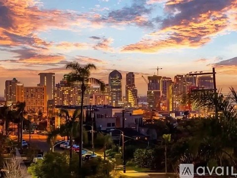 A cityscape at sunset with buildings and palm trees.