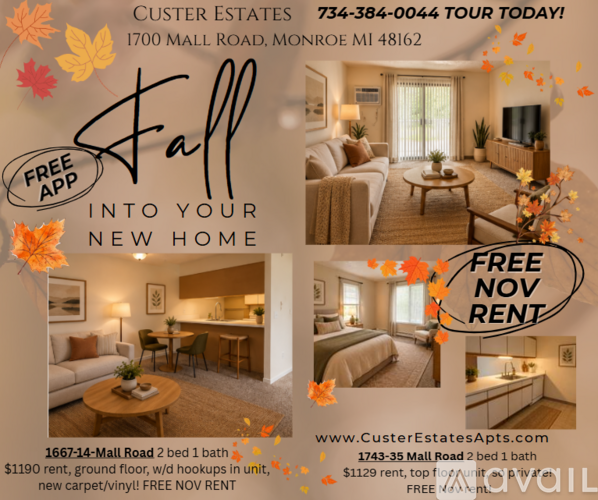 A flyer for Custer Estates advertising a free fall into your new home with a website and phone number provided.
