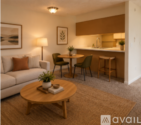 A living room with a couch, a coffee table, and a dining area with a sink.