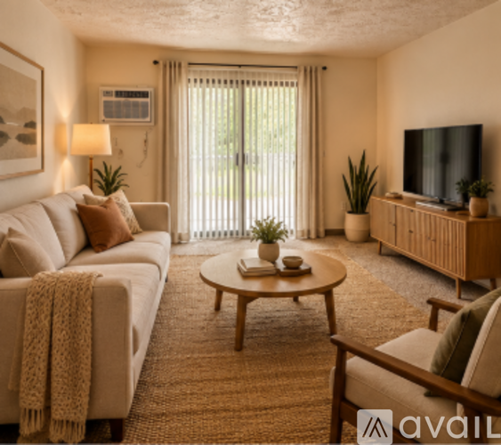 A living room with a couch, a coffee table, and a television.