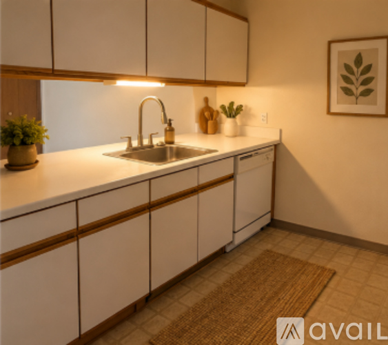 A kitchen with white cabinets and a brown rug on the floor.