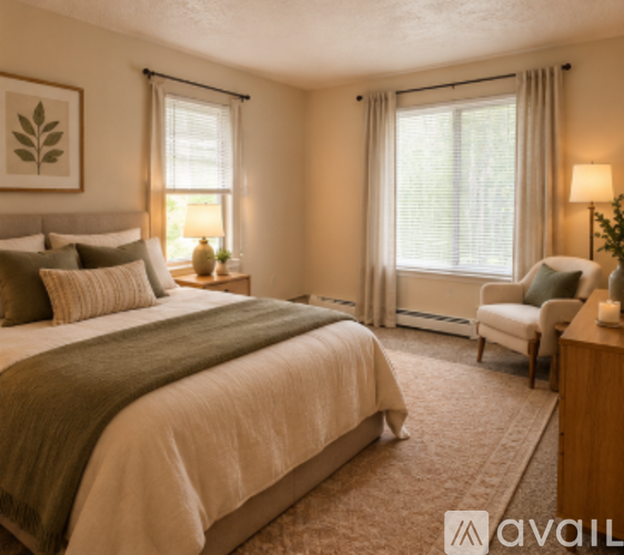 A bedroom with a large bed and a chair.