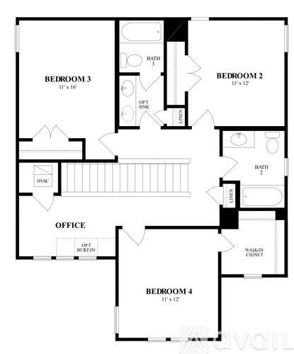 A floor plan of a house with four bedrooms and an office.