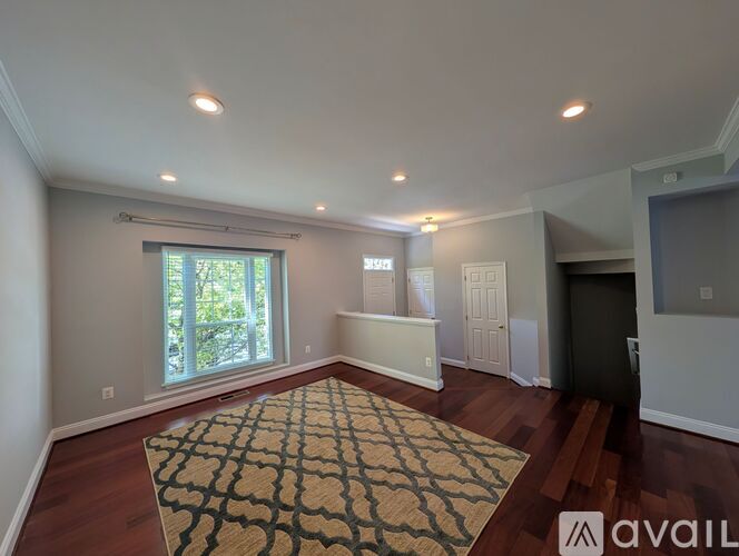 A room with a rug on the floor and a window with blinds.
