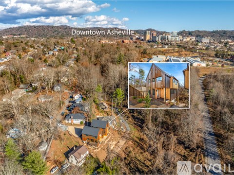 An aerial view of a house in Downtown Ashville with a close-up of the house's exterior.