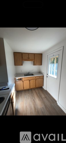 A kitchen with wooden cabinets and a window.