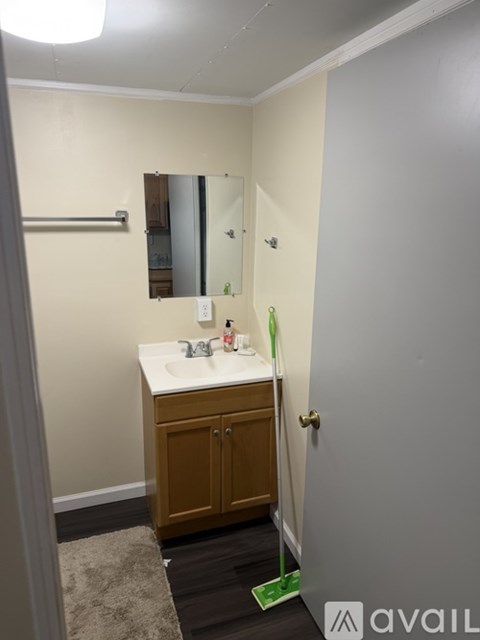 A bathroom with a sink, mirror, and wooden cabinet.