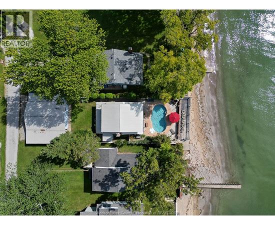 A beach house with a pool is surrounded by trees.