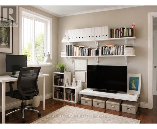 A white room with a desk, chair, and bookshelf.