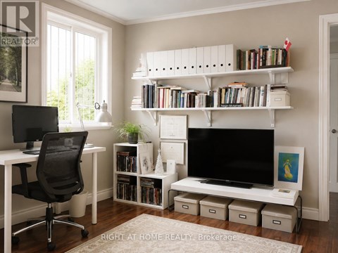 A white room with a desk, chair, and bookshelf.