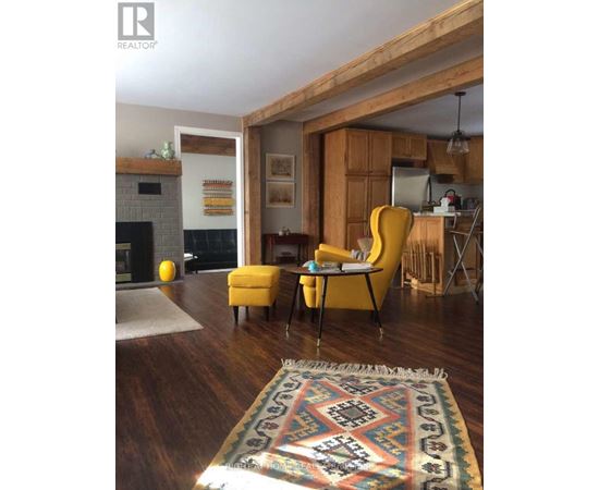 A living room with a yellow chair and a rug.